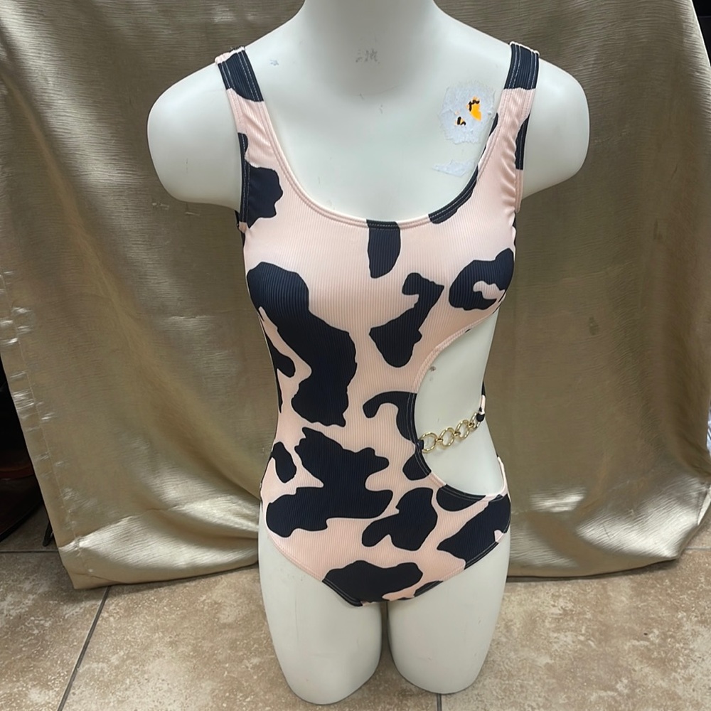SHEIN Pink and Black Cutout One-Piece Swimsuit with Chain Accent